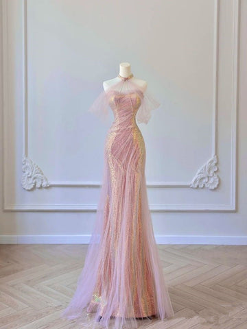 Mermaid Halter Pink Sequin Long Prom Dress Evening Dress Formal Dress SD1819 HZ0628
